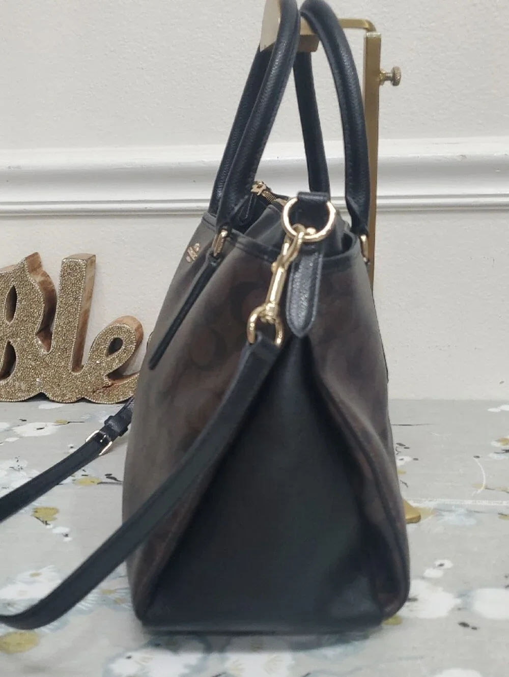 Coach Morgan Brown Signature Satchel with Black Trim